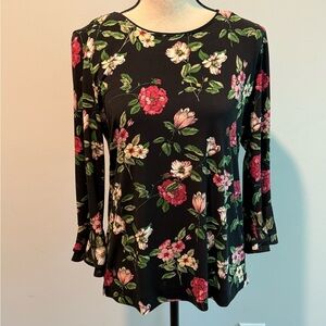Karl Lagerfeld Paris Black Floral 3/4 Bell Sleeve Blouse Top Women’s size Small
